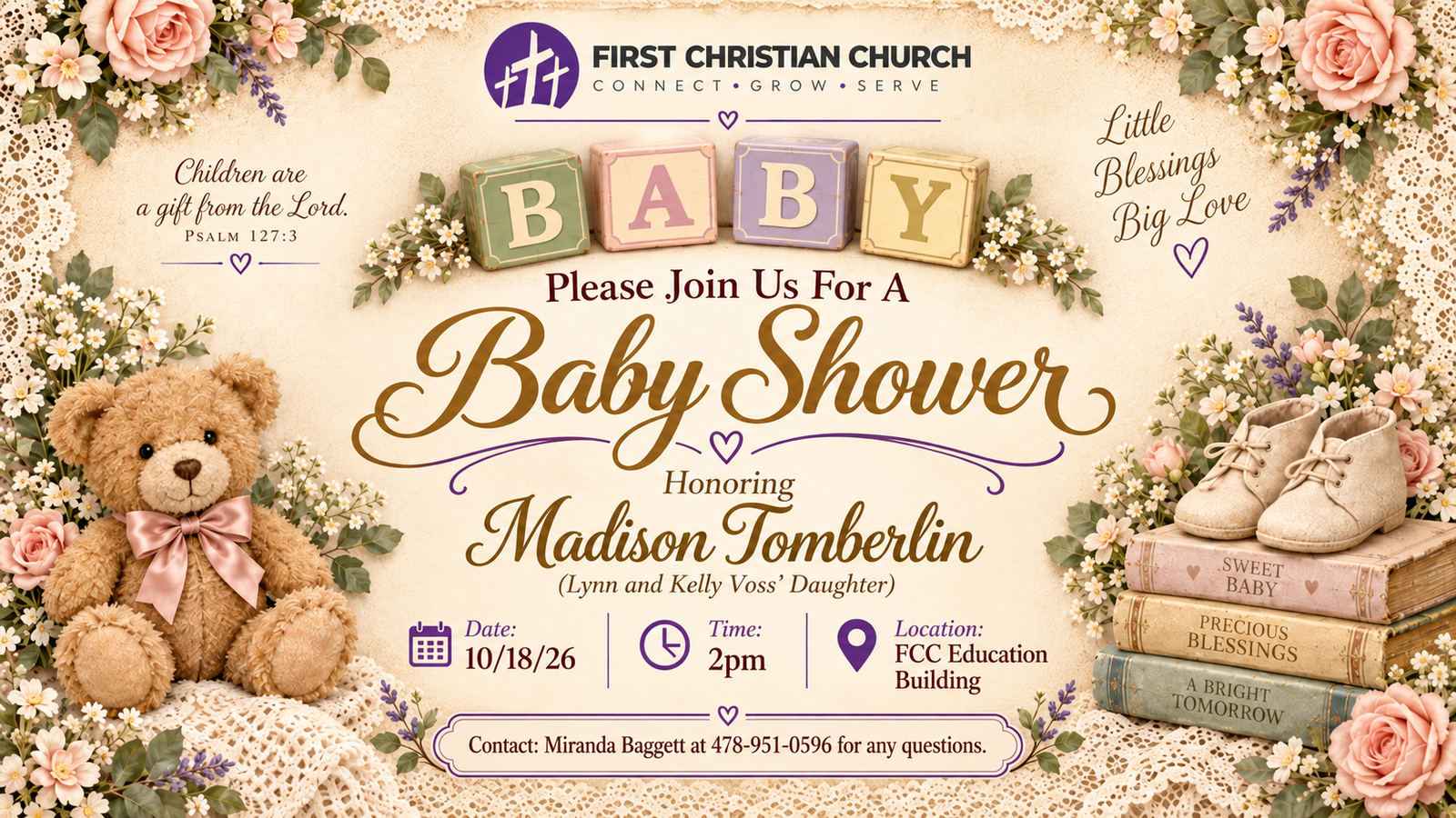 Baby shower honoring Madison Tomberlin, October 18, 2026 at 2 PM in the FCC Education Building